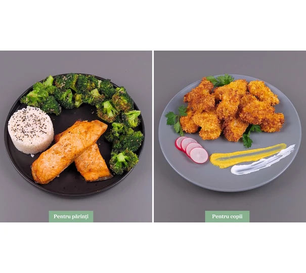 Somon cu broccoli și orez / Nuggets de pui cu fulgi de porumb